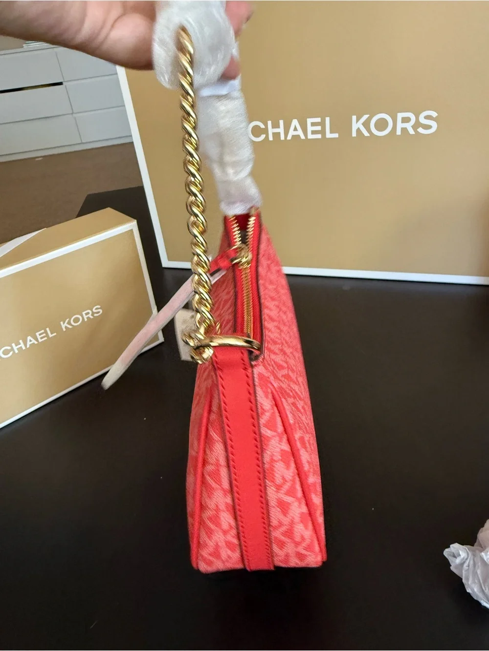💯% Auethentic Michael Kors Coral Red MK Monogram Hobo with Gold Chain